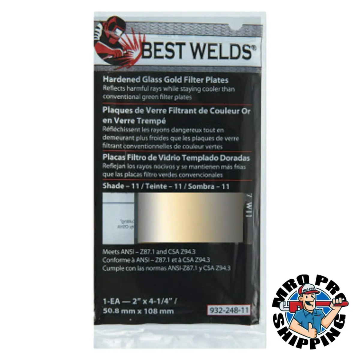 BEST WELDS 901-932-248-12 - 2" Hardened Glass Gold Filter Plate, Gold/12, 2" x 4.25" SH12,