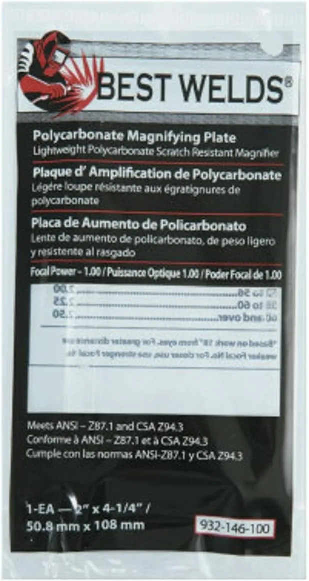 BEST WELDS 901-932-146-100 - 2" Plastic Magnifier Plate, 2" x 4.25" 1 Diopter, Polycarbonate, Clear
