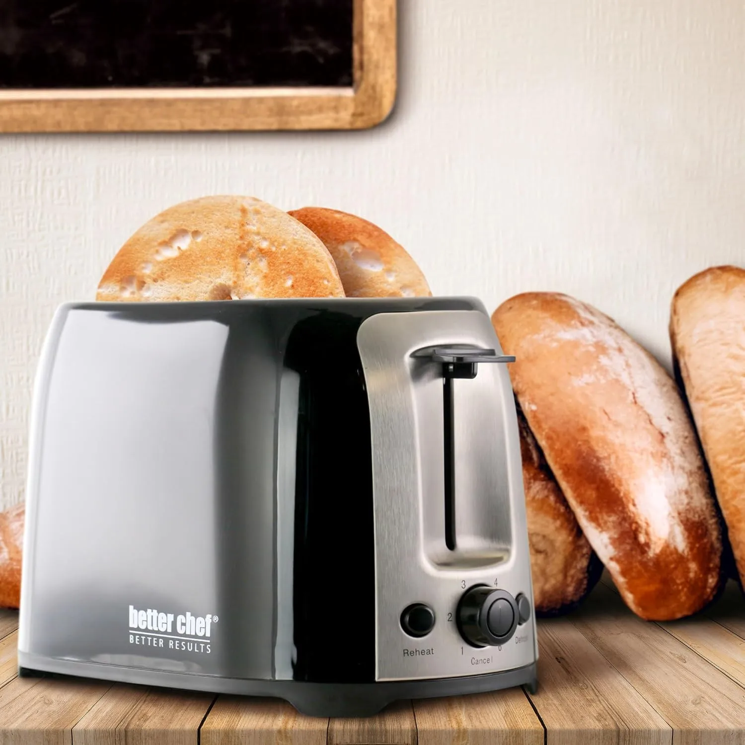 BETTER CHEF 2-Slice Wide-Slot Cool-Touch Toaster with Reheat & Defrost and Stainless-Steel Accents
