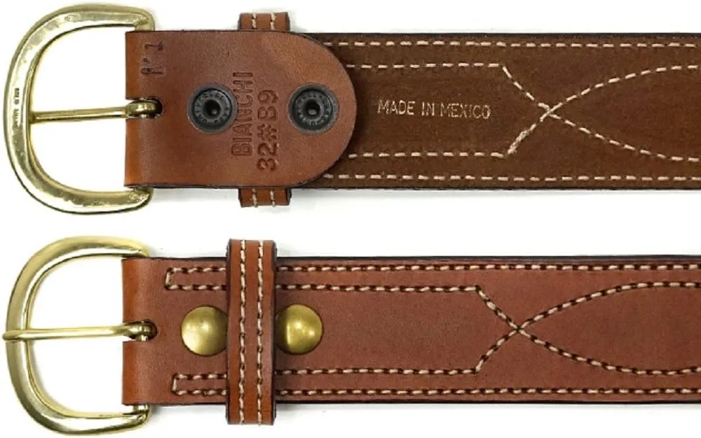 BIANCHI B9 Fancy Stitched Reversible Leather Belt, 1.75 in, Tan, Brass Buckle