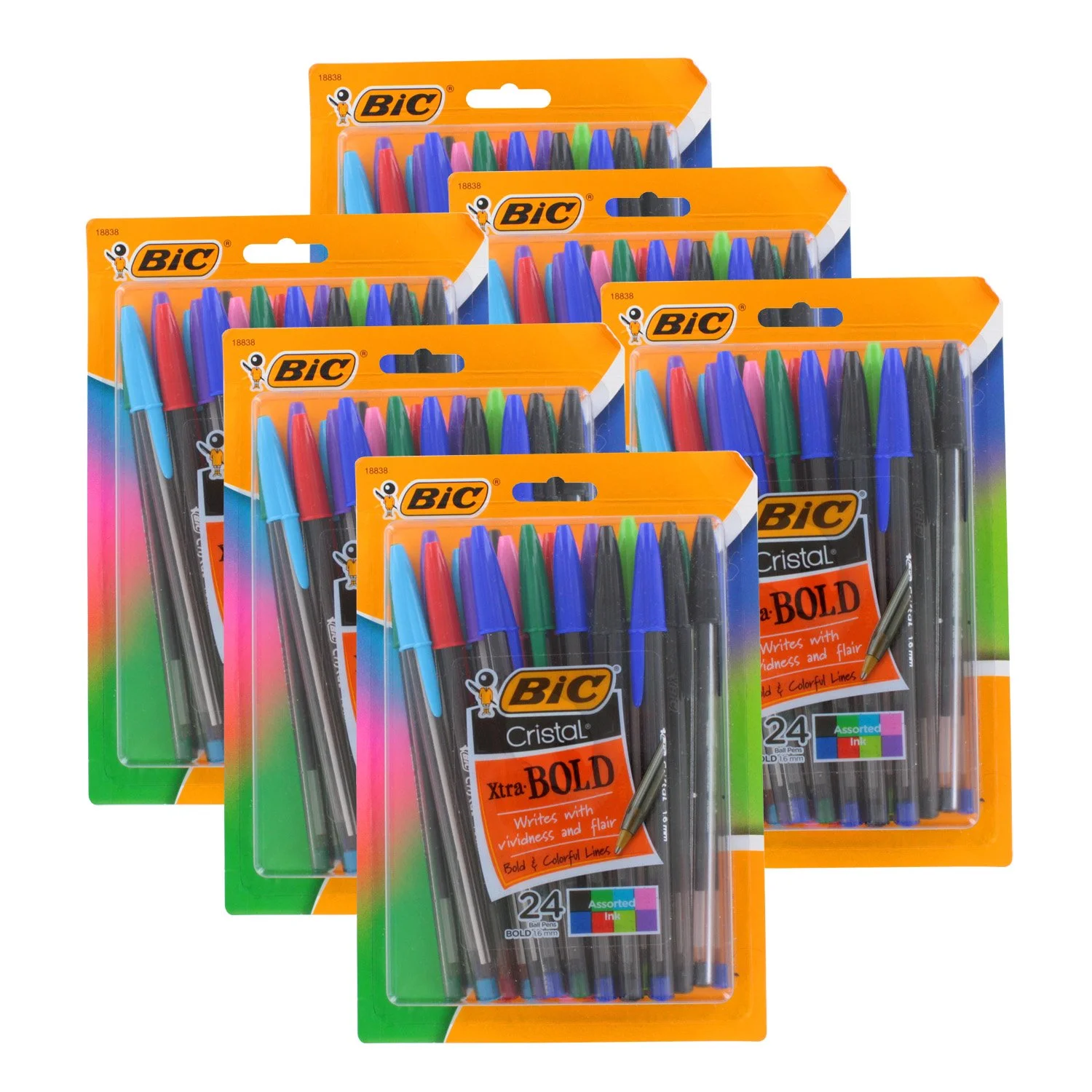BIC Cristal Xtra Bold Ballpoint Pens, 1.6 mm, Translucent Barrel, Assorted Ink Colors, Pack Of 24 Pens