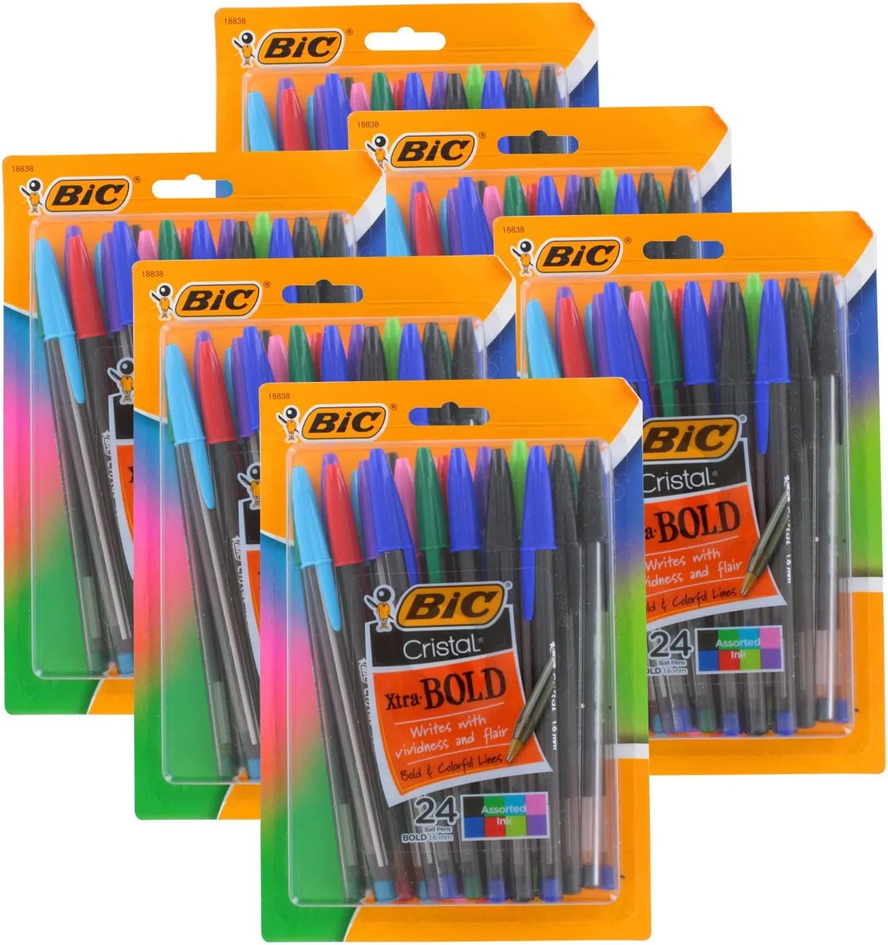 BIC Cristal Xtra Bold Ballpoint Pens, 1.6 mm, Translucent Barrel, Assorted Ink Colors, Pack Of 24 Pens