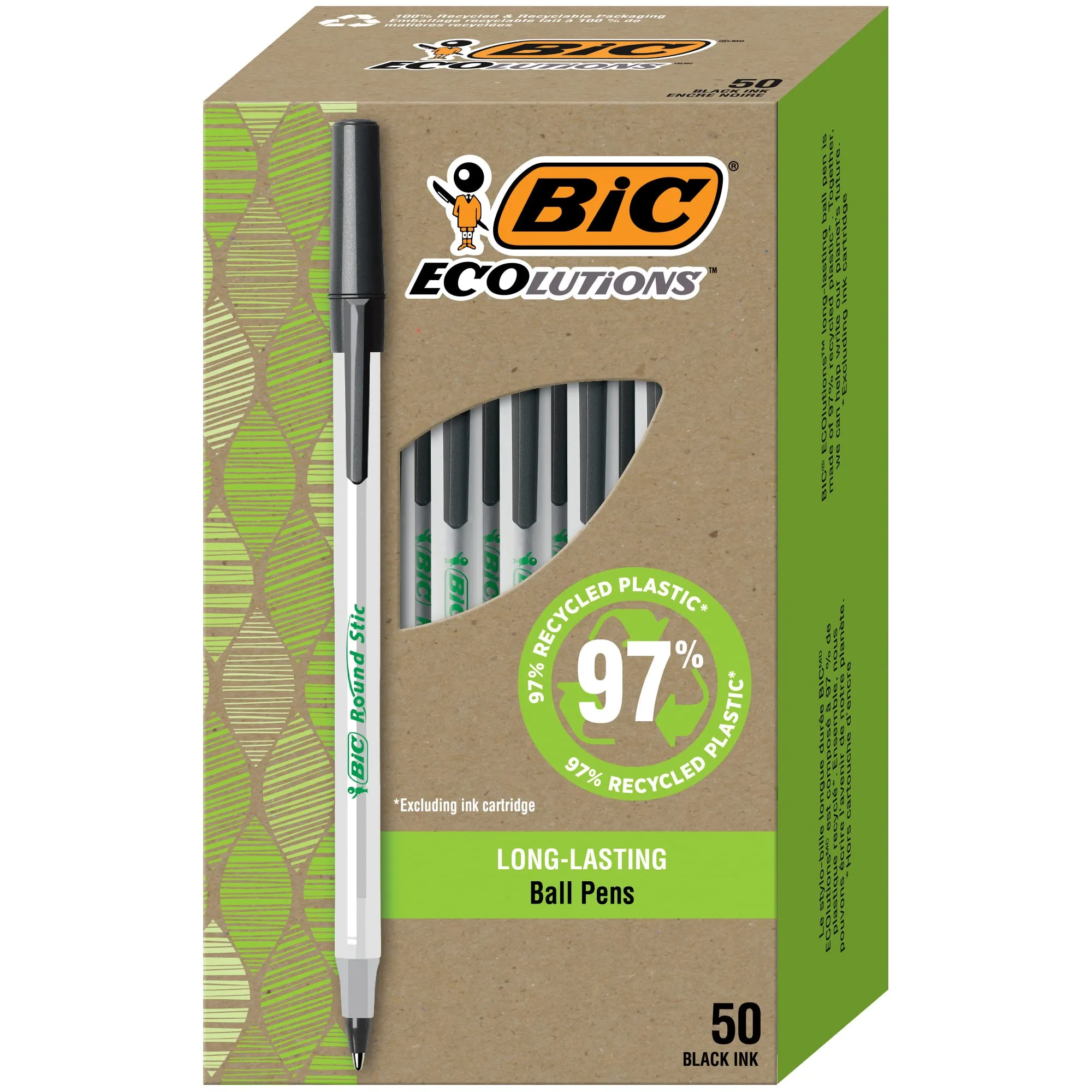 BIC Ecolutions Round Stic Ballpoint Pens, 1.0 mm, 50-Count