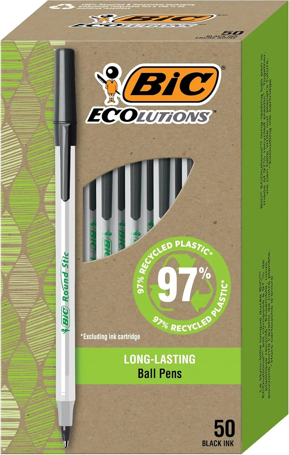 BIC Ecolutions Round Stic Ballpoint Pens, 1.0 mm, 50-Count