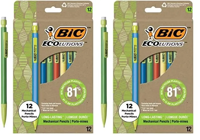 BIC Ecolutions Mechanical Pencils, 0.7 mm #2, 12 Count, Assorted Barrels