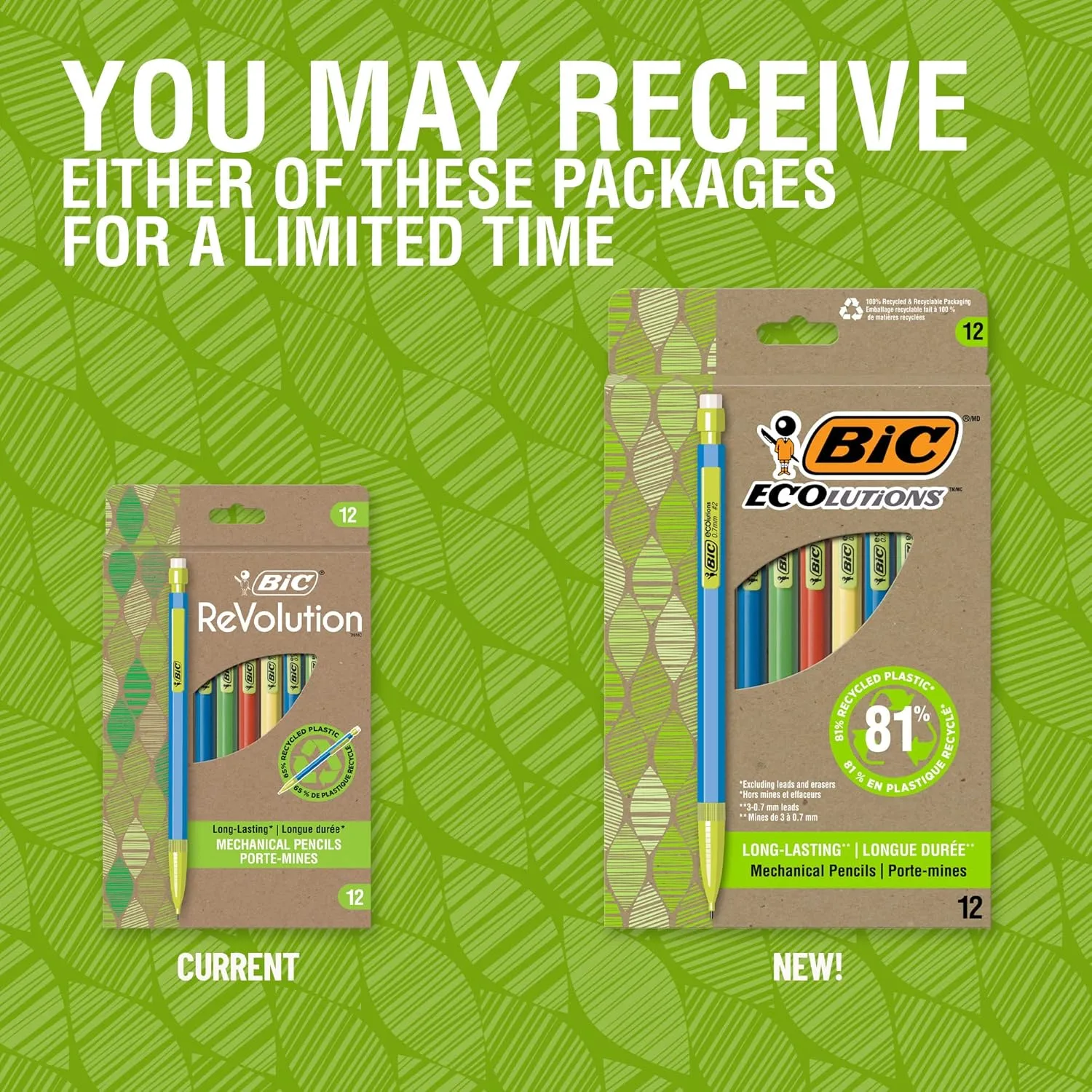 BIC Ecolutions Mechanical Pencils, 0.7 mm #2, 12 Count, Assorted Barrels