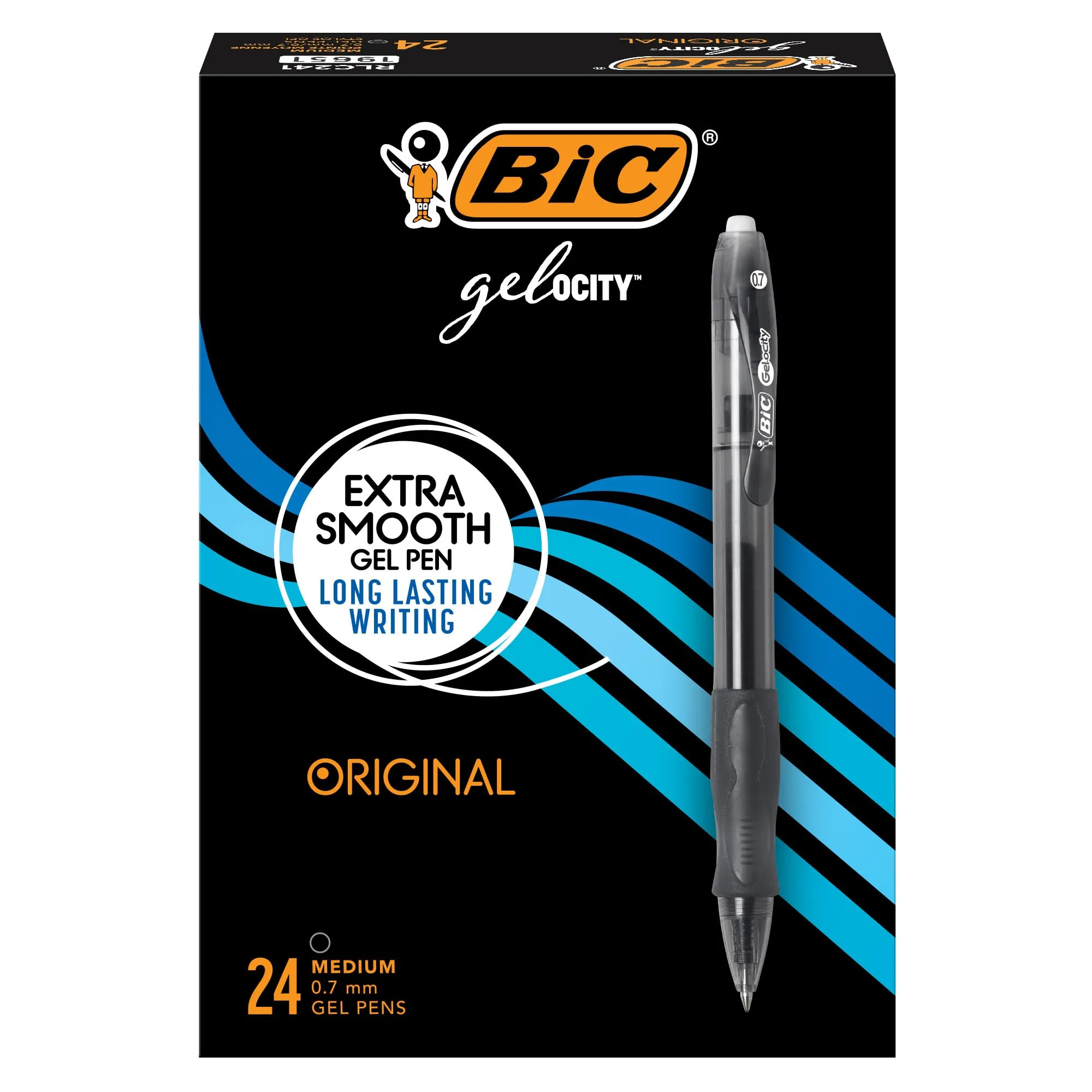BIC Gelocity Original Black Gel Pens, Medium Point (0.7mm), 24-Count Pack, Retractable Gel Pens With Comfortable Grip Black 24 Count (Pack of 1)