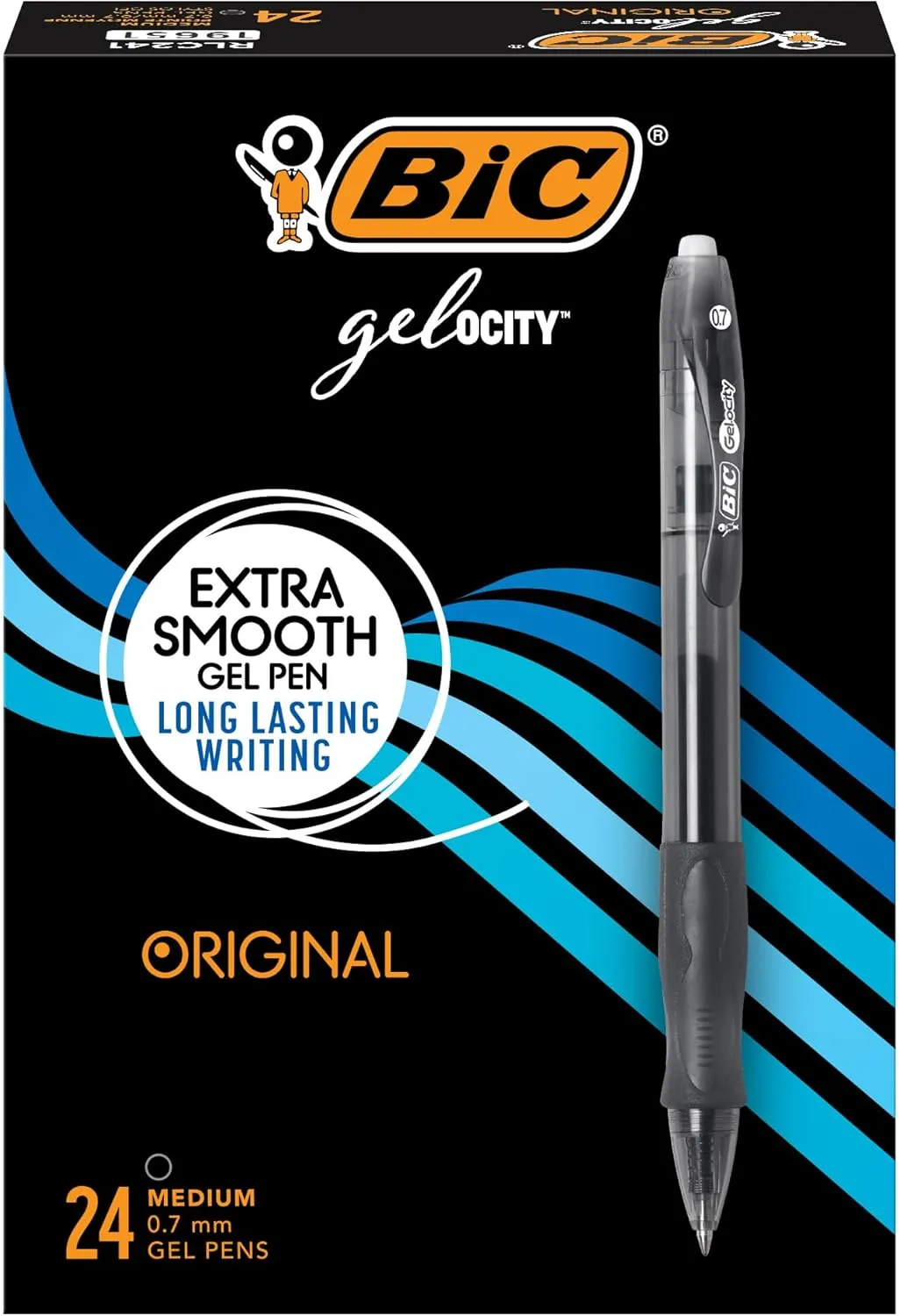 BIC Gelocity Original Black Gel Pens, Medium Point (0.7mm), 24-Count Pack, Retractable Gel Pens With Comfortable Grip Black 24 Count (Pack of 1)