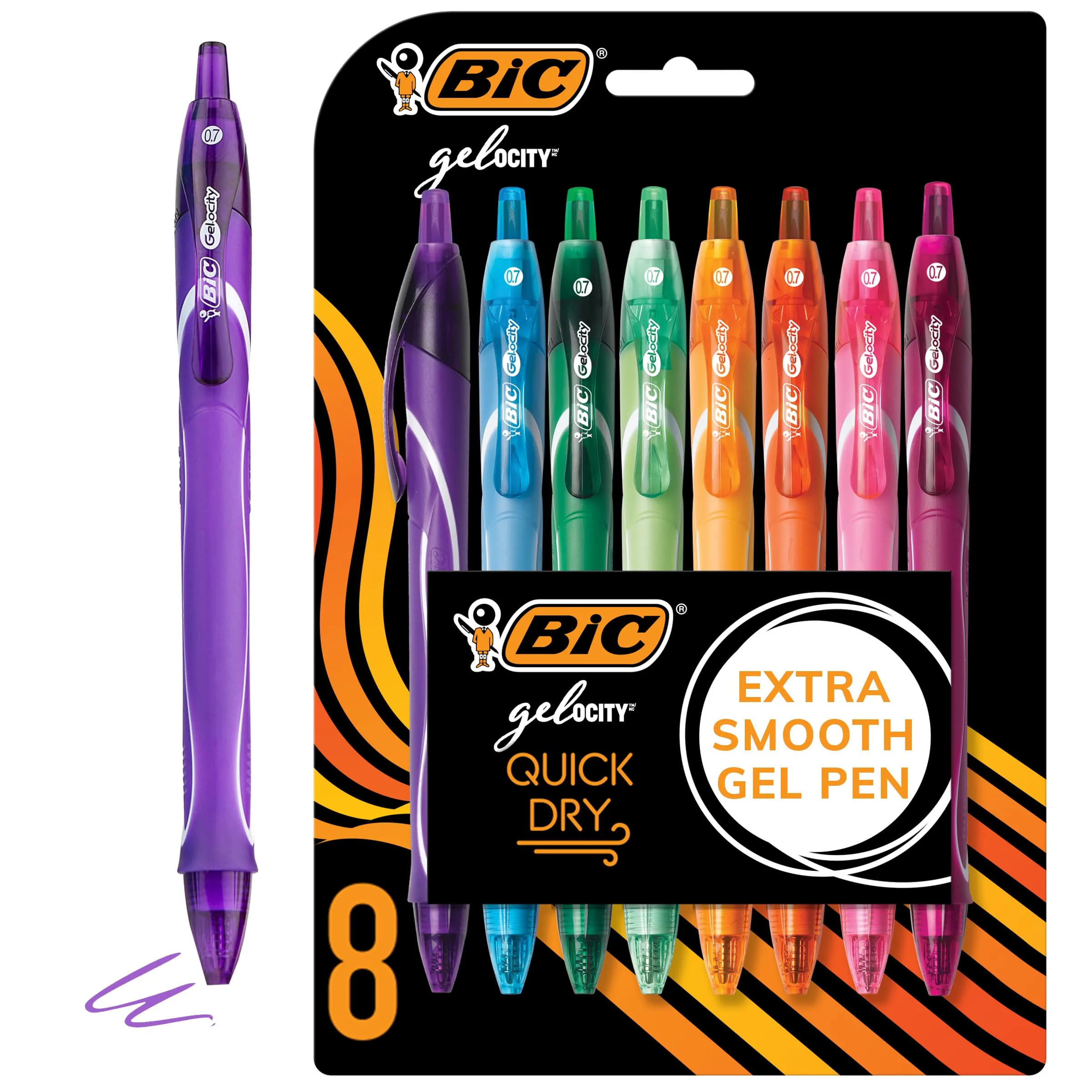 BIC Gelocity Quick Dry Assorted Colors Gel Pens, Medium Point (0.7mm), 8-Count Pack, Retractable Gel Pens With Comfortable Full Grip
