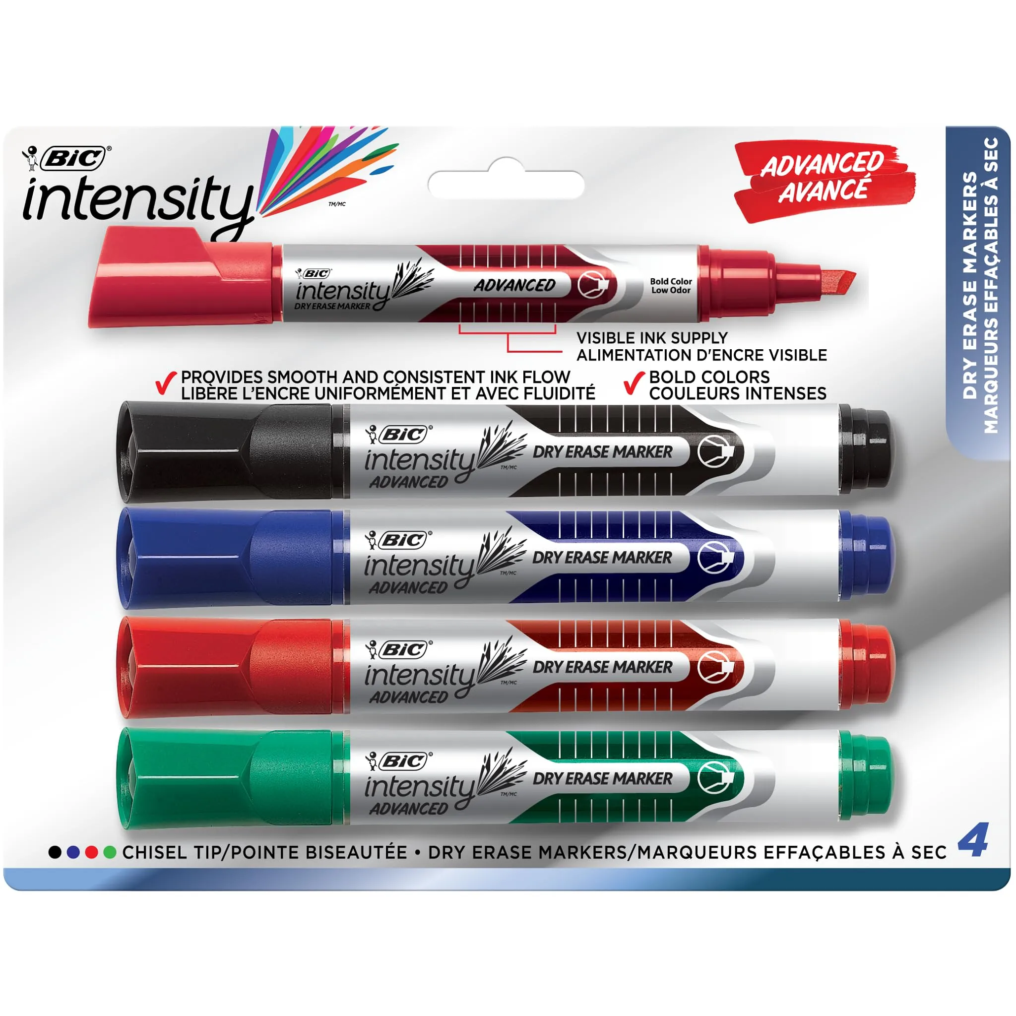 BIC Intensity Advanced Low Odor Dry-Erase Markers, Chisel Tip, Assorted, Pack of 4
