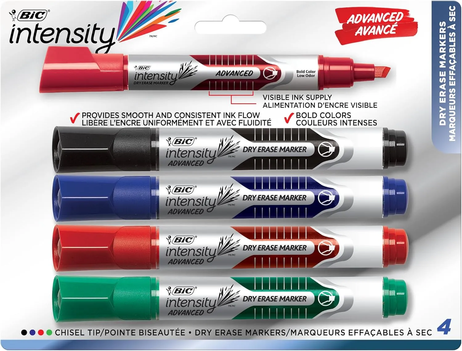 BIC Intensity Advanced Low Odor Dry-Erase Markers, Chisel Tip, Assorted, Pack of 4