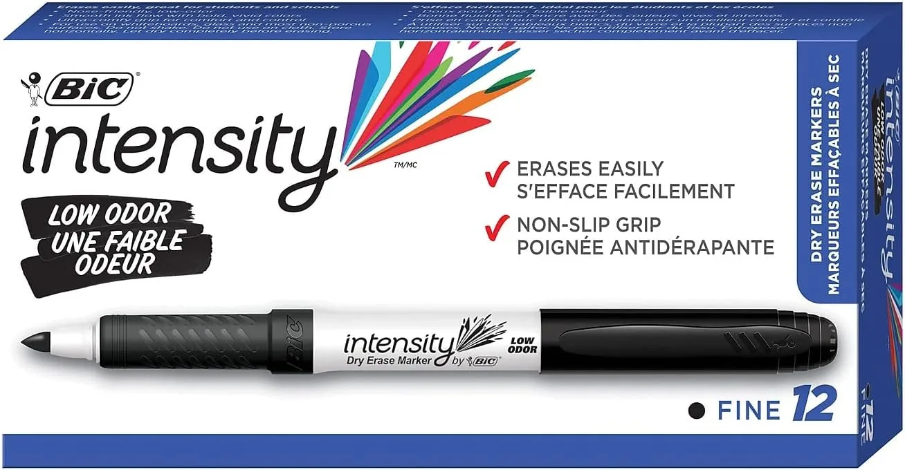 BIC Intensity Black Low Odor Dry Erase Markers, Fine Tip, 12-Count