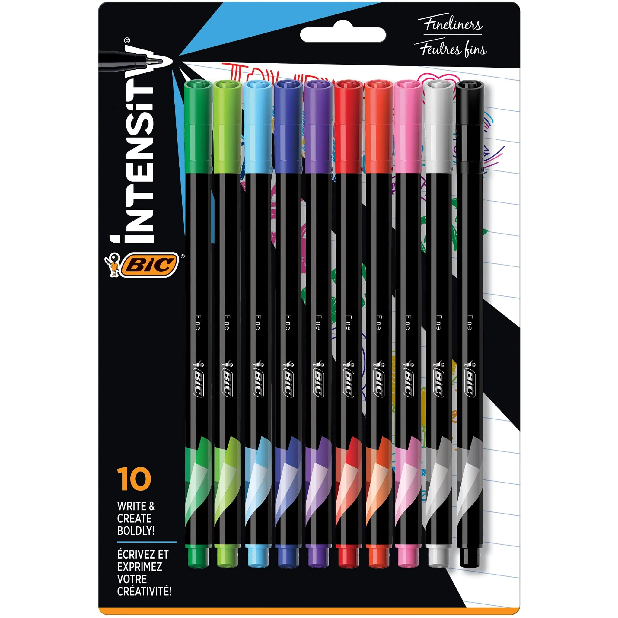 BIC Intensity Fineliner Marker Pen Set, Fine Point Pens (0.4 mm), Assorted Colors, 10-Count Pack, Markers for School Fine Point 10 Count (Pack of 1)