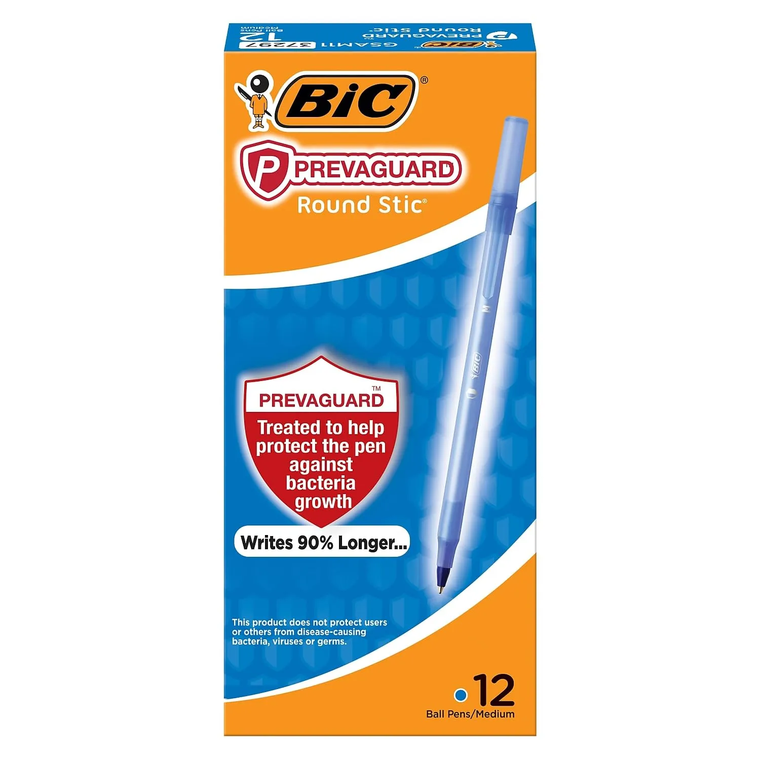 BIC PrevaGuard Round Stic Ballpoint Pen With Built-in Protection To Suppress Bacteria Growth, Medium Point (1.0 mm), Blue, 12-Count