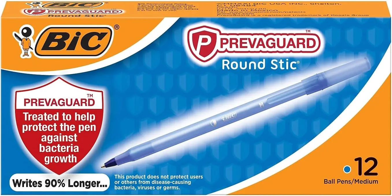 BIC PrevaGuard Round Stic Ballpoint Pen With Built-in Protection To Suppress Bacteria Growth, Medium Point (1.0 mm), Blue, 12-Count