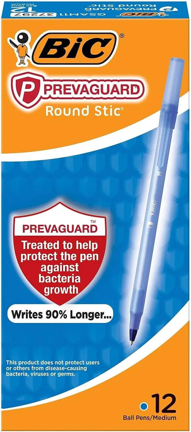 BIC PrevaGuard Round Stic Ballpoint Pen With Built-in Protection To Suppress Bacteria Growth, Medium Point (1.0 mm), Blue, 12-Count