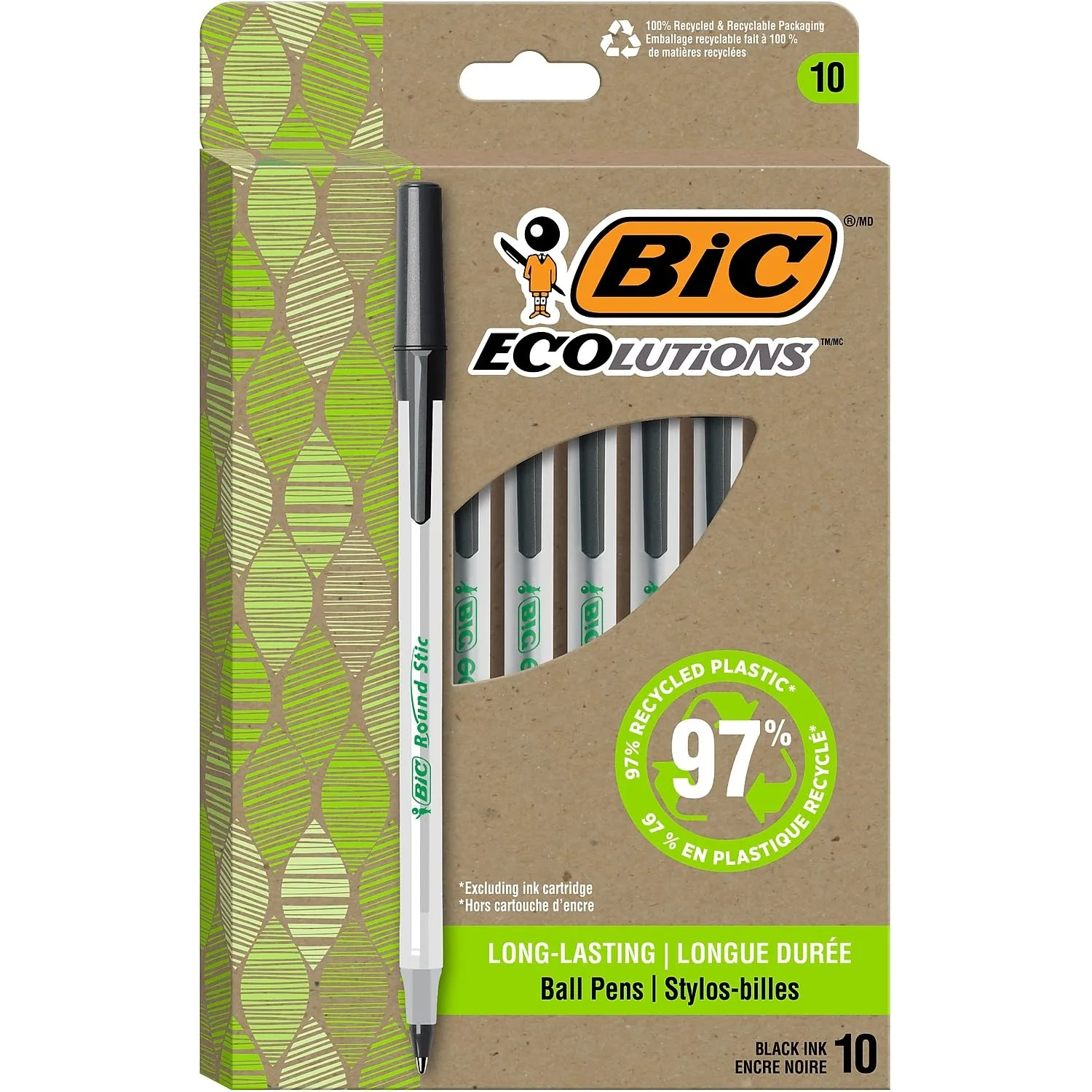 BIC ReVolution Round Stic Ballpoint Pen, Medium 1.0mm, Black Ink, Pack of 10