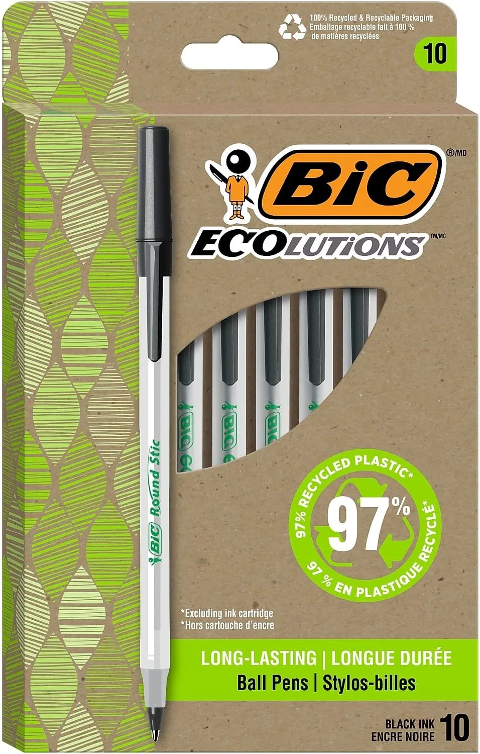 BIC ReVolution Round Stic Ballpoint Pen, Medium 1.0mm, Black Ink, Pack of 10