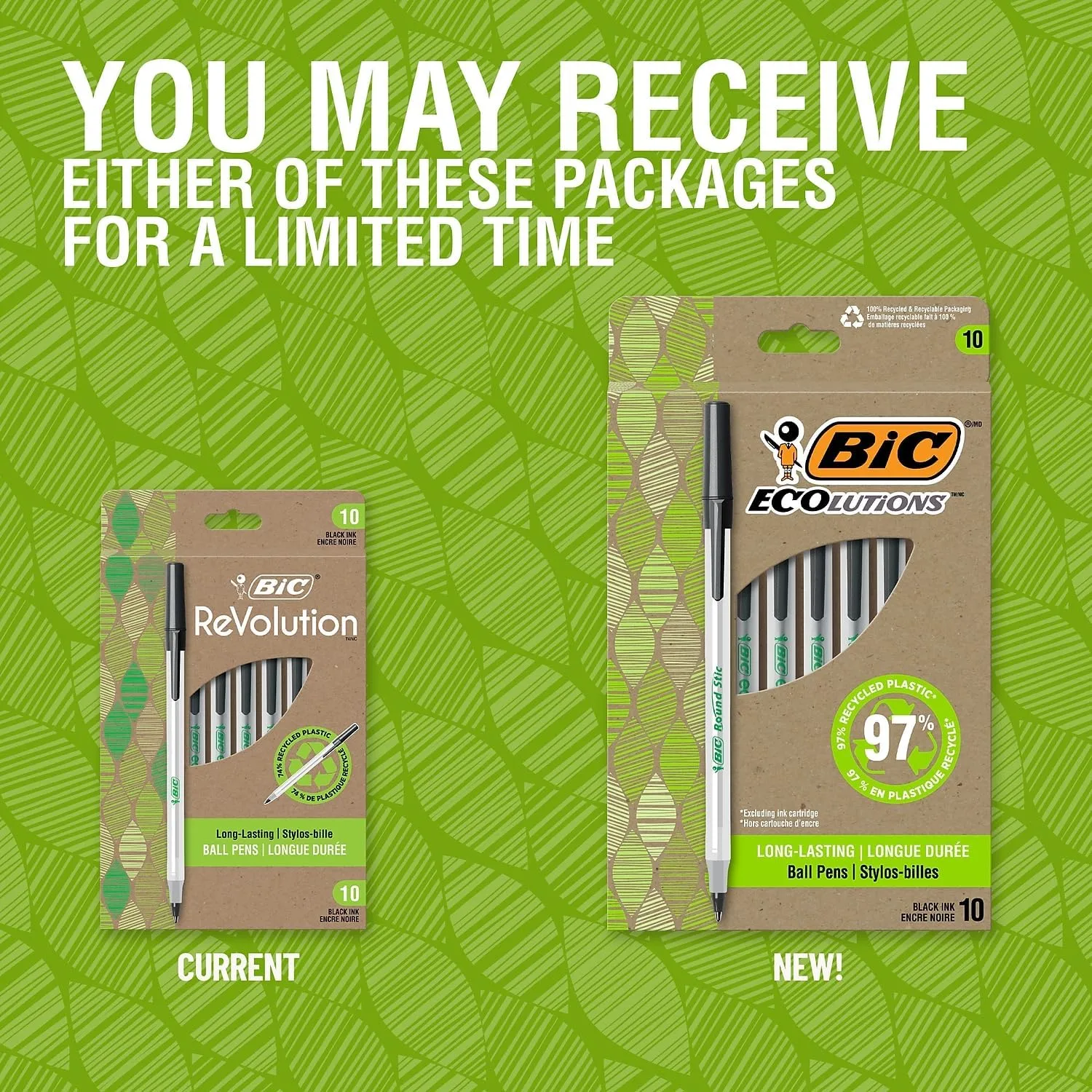 BIC ReVolution Round Stic Ballpoint Pen, Medium 1.0mm, Black Ink, Pack of 10
