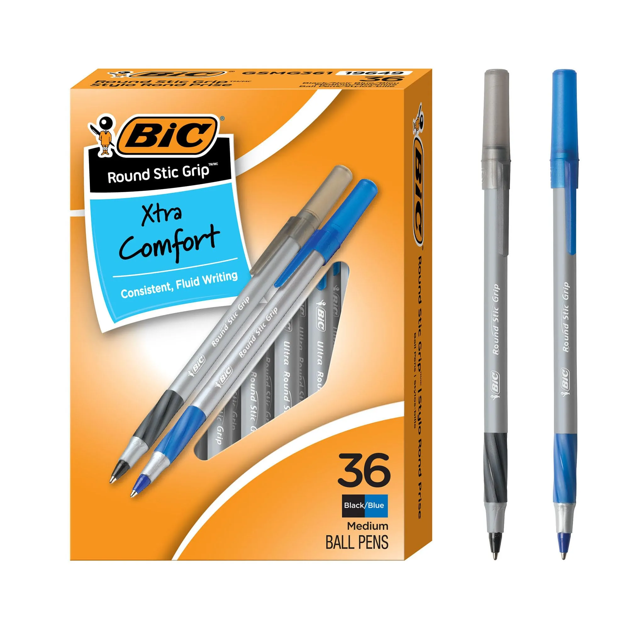 BIC Round Stic Grip Xtra Comfort Assorted Colors Ballpoint Pens, Medium Point (1.2mm), 36-Count Pack