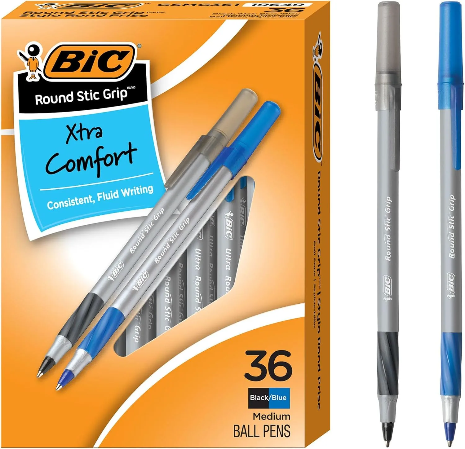 BIC Round Stic Grip Xtra Comfort Assorted Colors Ballpoint Pens, Medium Point (1.2mm), 36-Count Pack