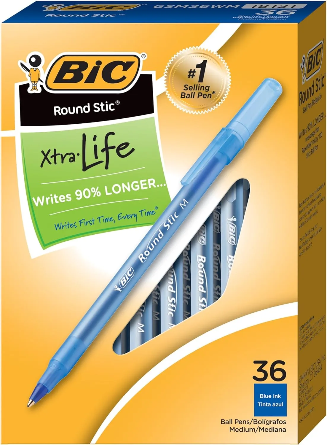 BIC Round Stic Xtra Life Blue Ballpoint Pens, Medium Point (1.0mm), 36-Count Pack of Bulk Pens
