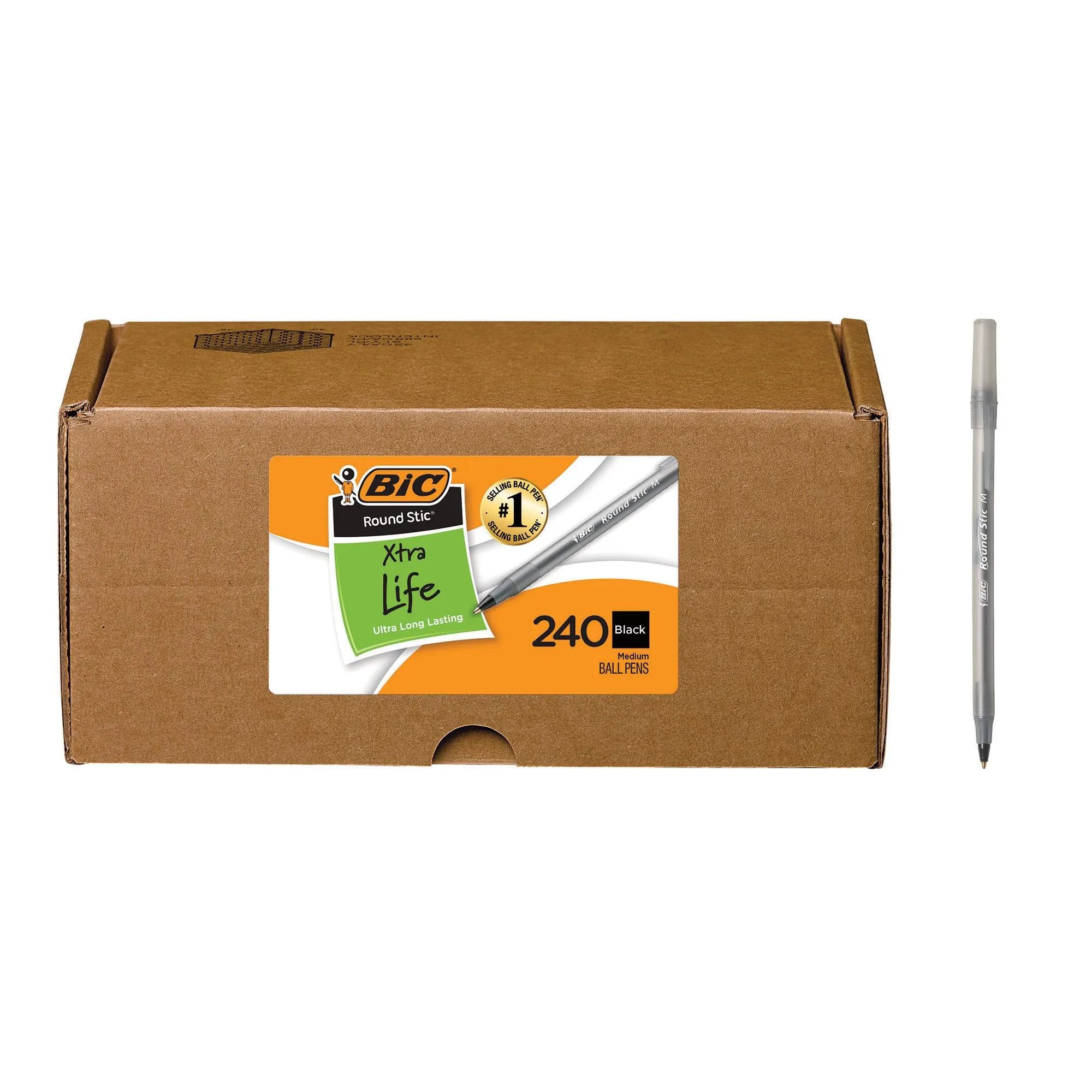 BIC Round Stic Xtra Life Black Ballpoint Pens, 1.0 mm Medium, 240-Count