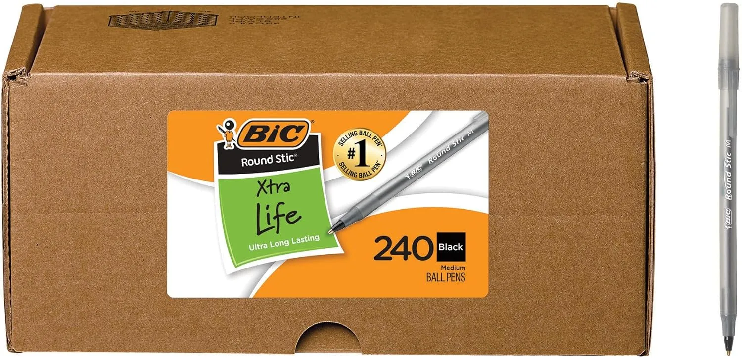 BIC Round Stic Xtra Life Black Ballpoint Pens, 1.0 mm Medium, 240-Count