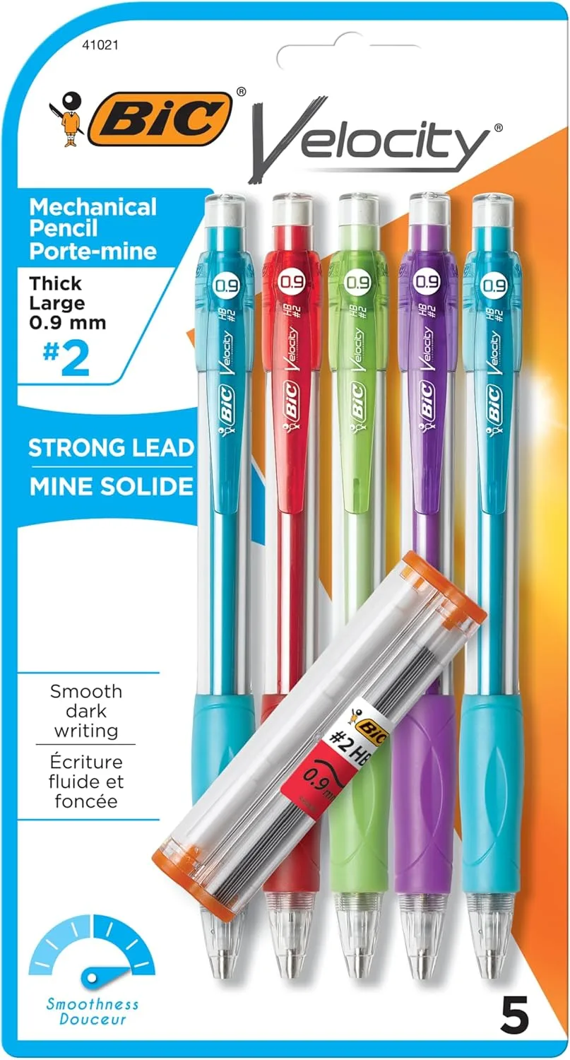 BIC Velocity Mechanical Pencils, 0.9mm Thick Point, 5-Count, Assorted Colors