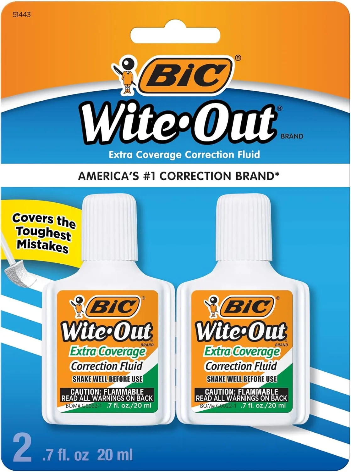 BIC Wite-Out Extra Coverage Correction Fluid, 20 mL Bottles, White, Pack Of 2