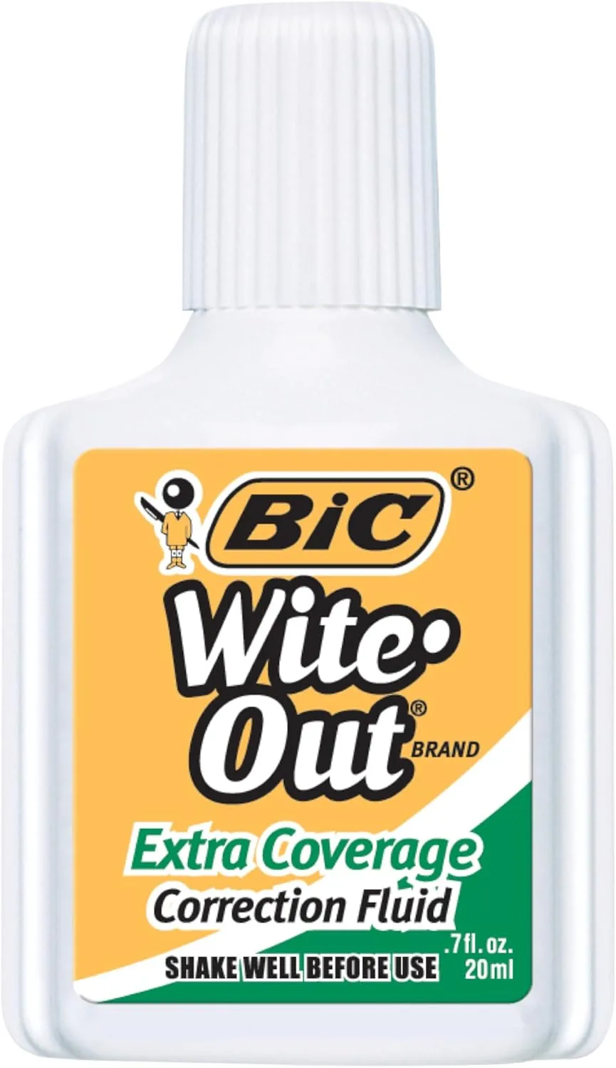 BIC Wite-Out Extra Coverage Correction Fluid, 20 mL Bottles, White, Pack Of 2