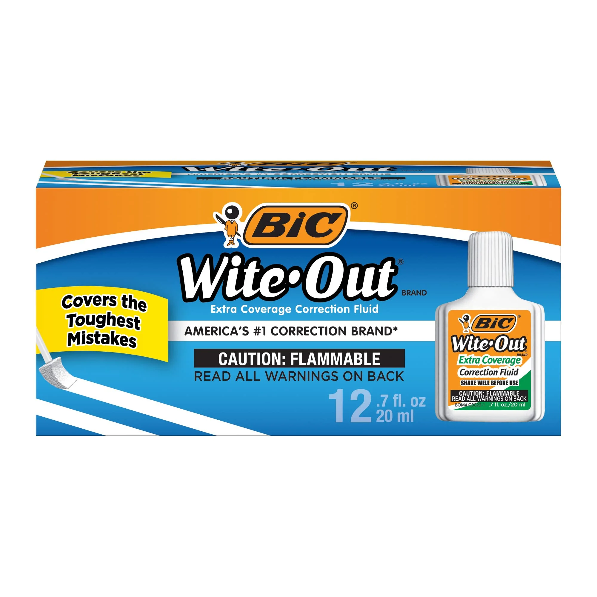 BIC Wite-Out Extra Coverage Correction Fluid, 0.68 oz (20 mL), White, Pack Of 12