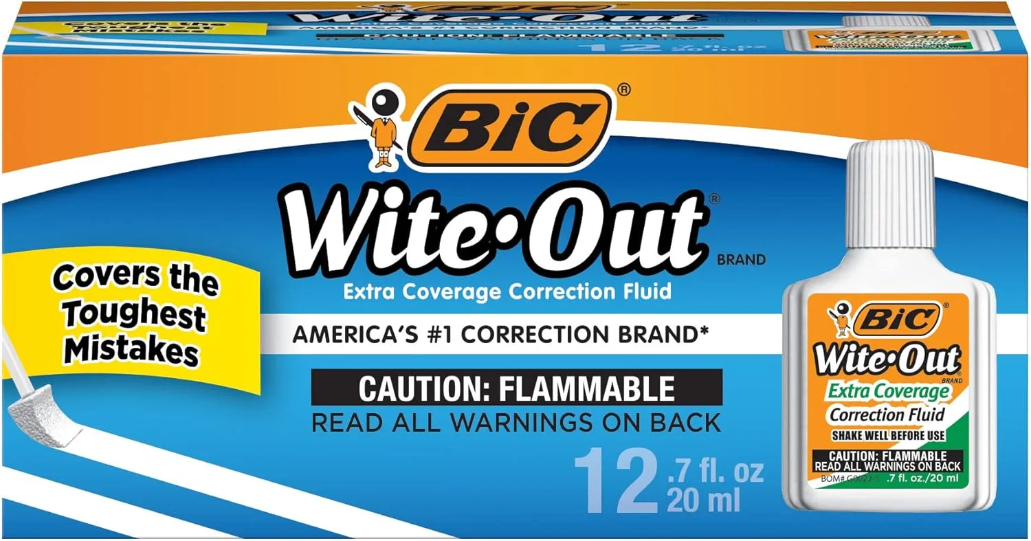 BIC Wite-Out Extra Coverage Correction Fluid, 0.68 oz (20 mL), White, Pack Of 12
