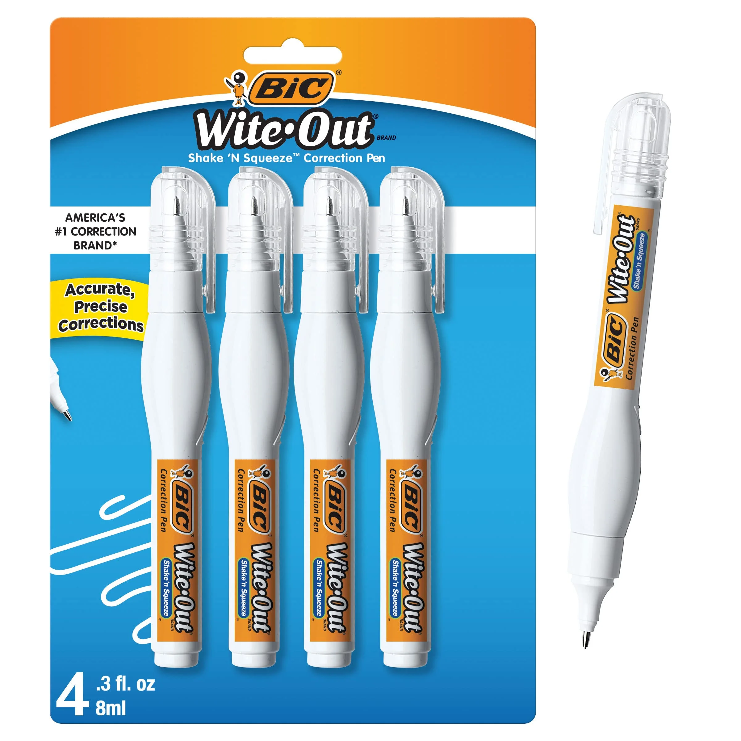BIC Wite-Out Shake 'n Squeeze Correction Pen, 8 ml, 4-Pack