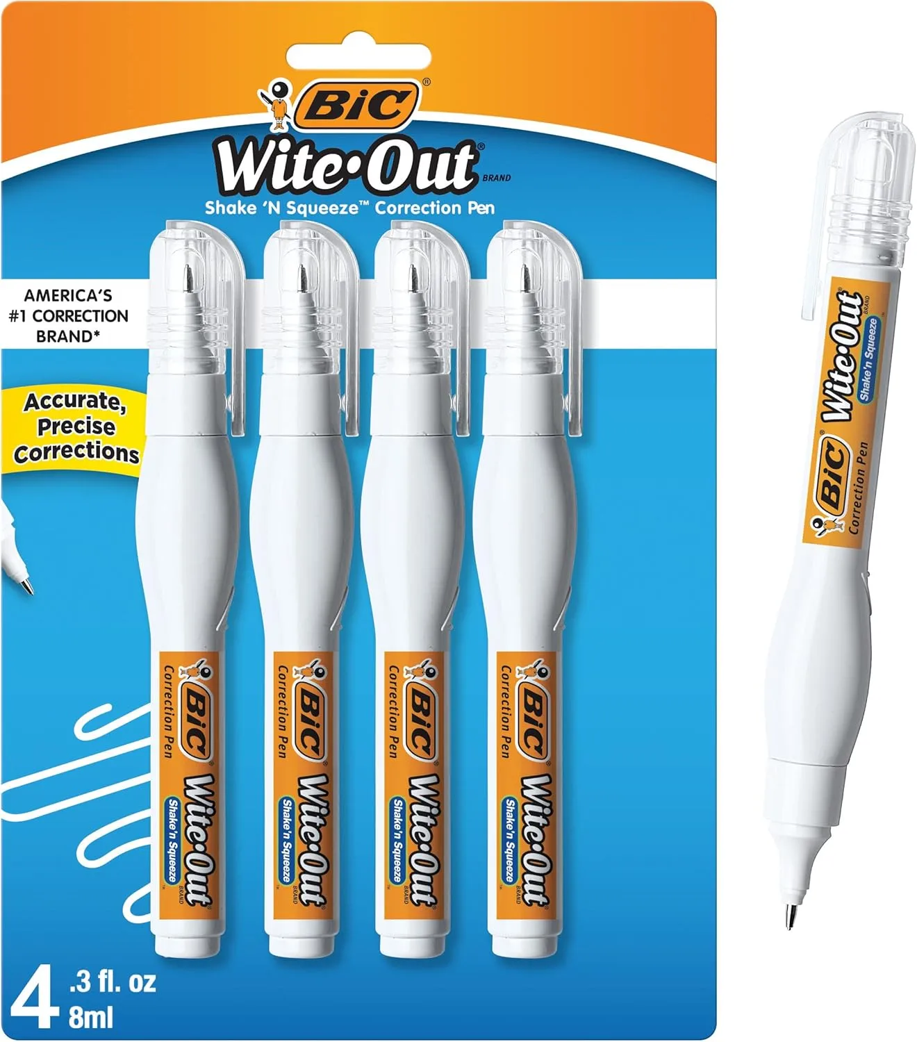 BIC Wite-Out Shake 'n Squeeze Correction Pen, 8 ml, 4-Pack