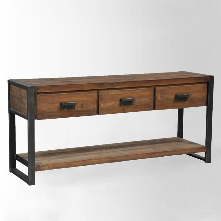 Industrial Solid Wood Media Cabinet with Drawers & Shelf