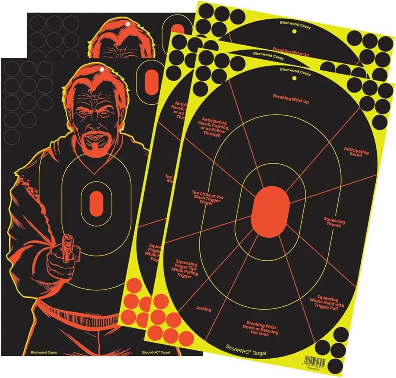 BIRCHWOOD CASEY Shoot-N-C 12" X 18" Combo 5 Reactive Targets - 3 Handgun Trainer & 2 Bad Guy Silhouette Targets