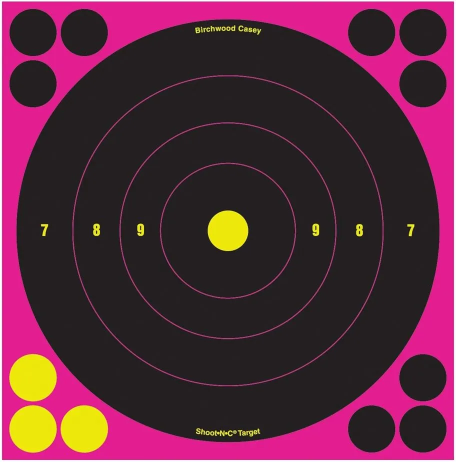 Birchwood Casey Shoot-N-C 8 inch Pink Bull's-Eye Reactive Targets - Highly Visible Instant Feedback Self-Adhesive