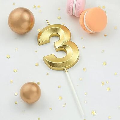 Number - 3 Gold Candle for Birthday or Anniversary Celebration