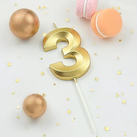 Number - 3 Gold Candle for Birthday or Anniversary Celebration