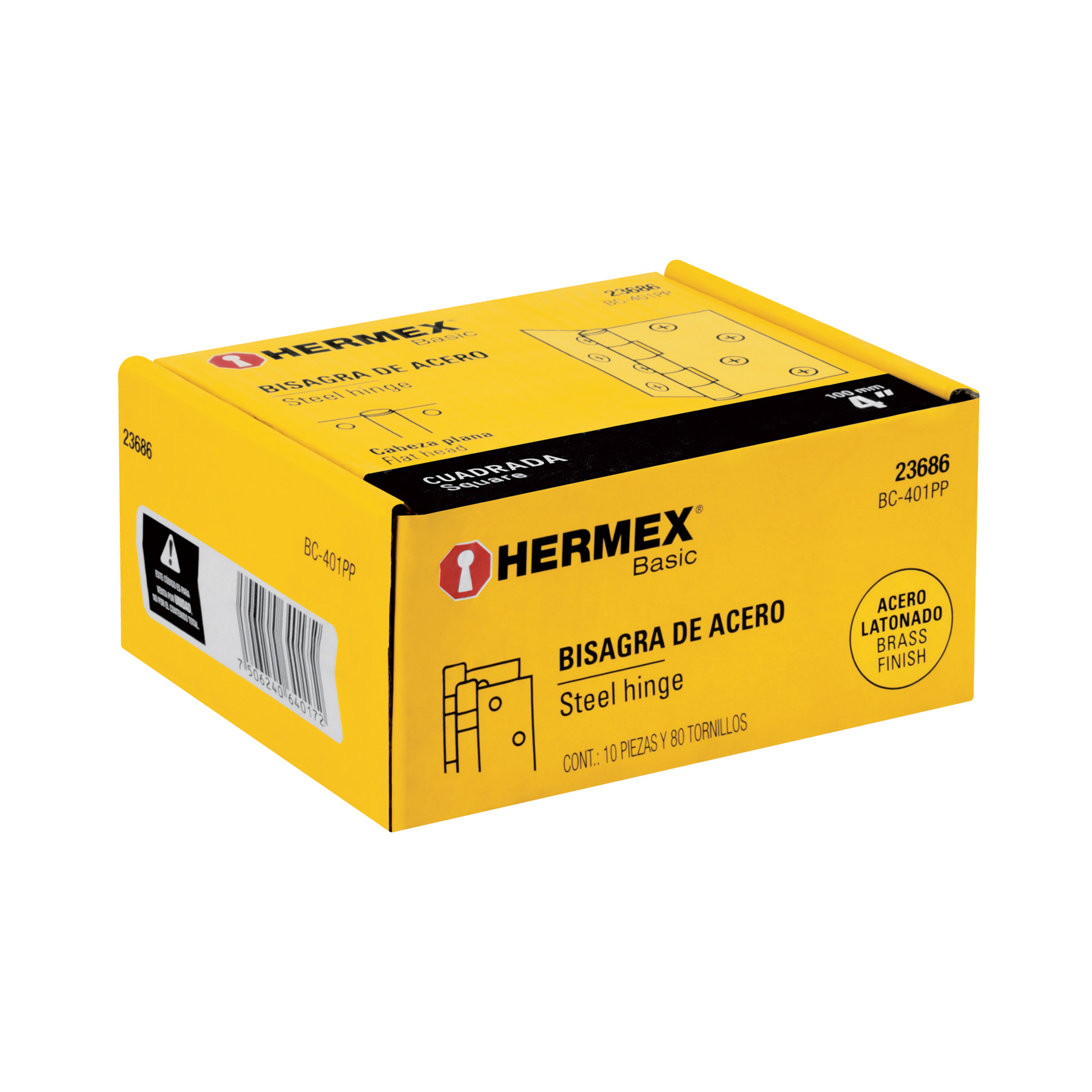 Bisagra cuadrada, 4', acero latonado, plana, Hermex Basic - BC-401PP / 23686