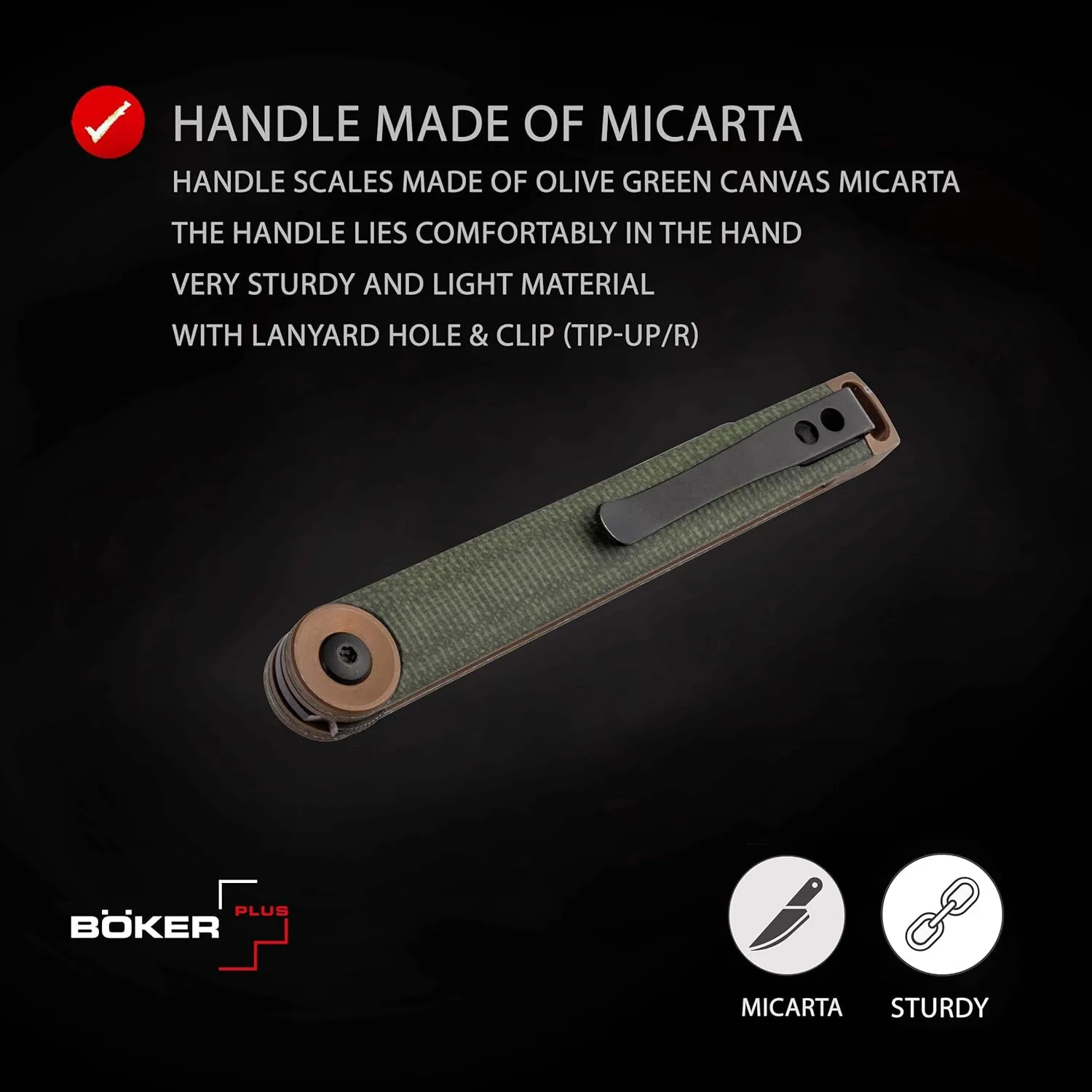 Böker Plus Kaizen Green Canvas Micarta - folding pocket knife with Micarta handle scales - D2 blade - small knife with clip