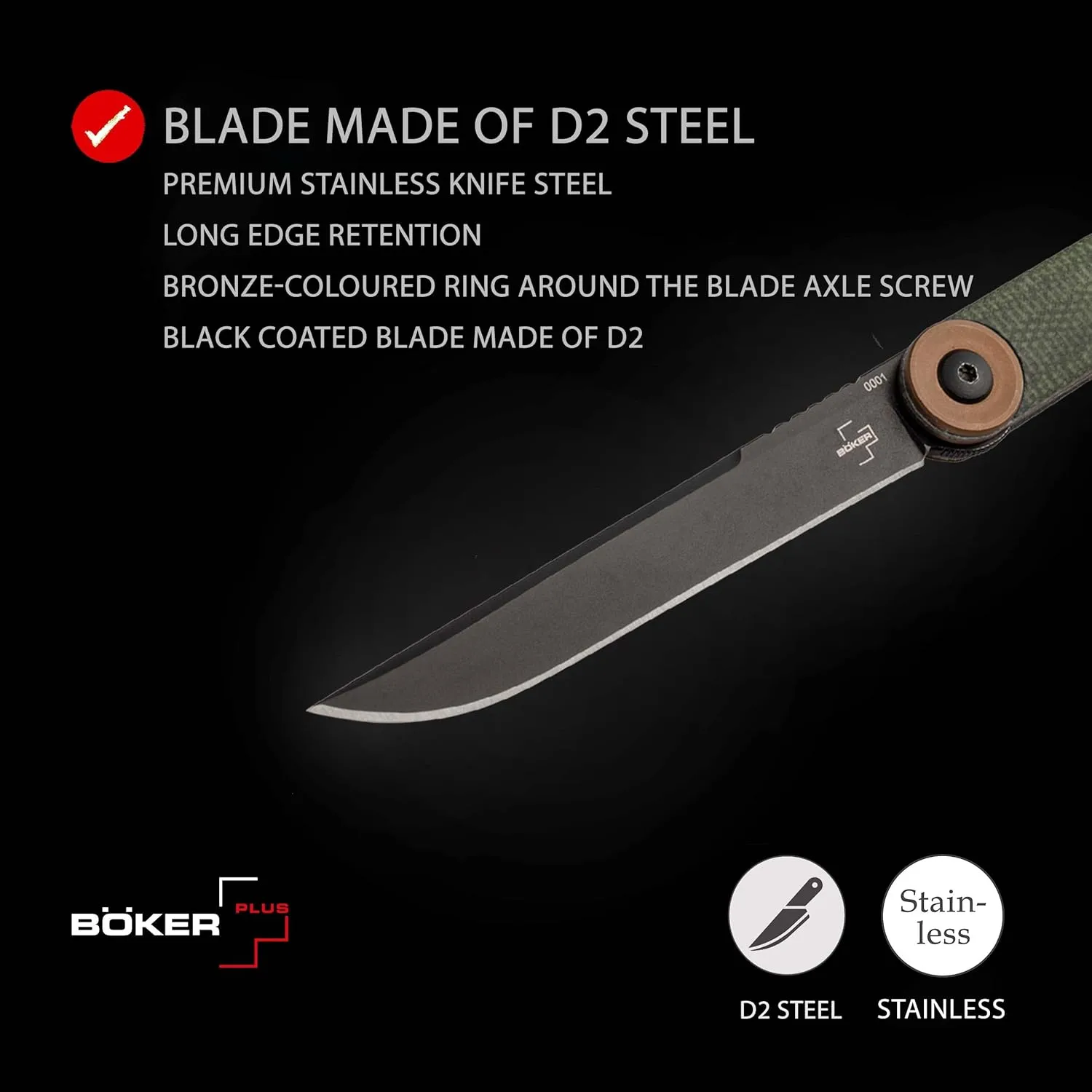 Böker Plus Kaizen Green Canvas Micarta - folding pocket knife with Micarta handle scales - D2 blade - small knife with clip