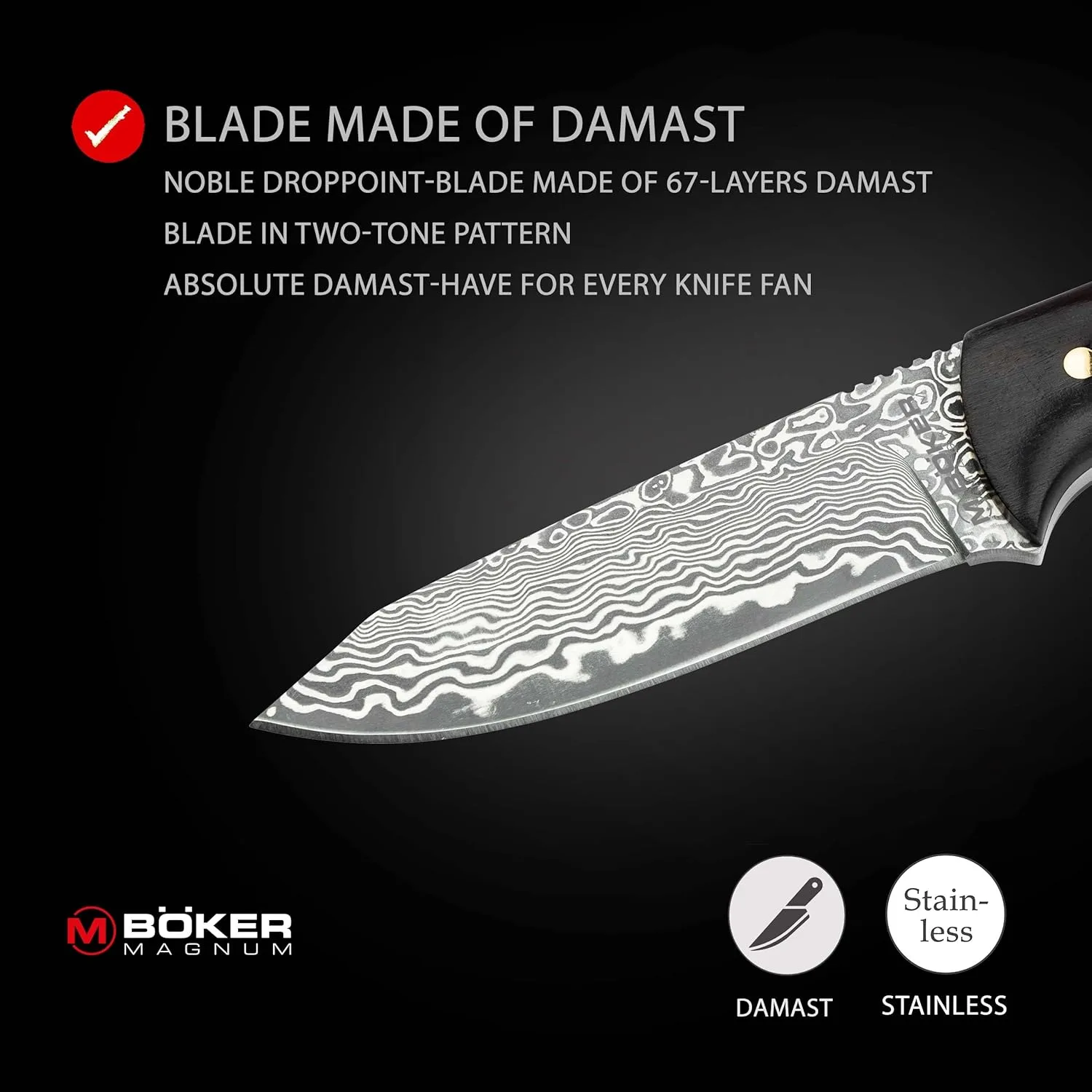 Böker MAGNUM® Vernery Damascus Knife - Hunting knife with leather sheath black
