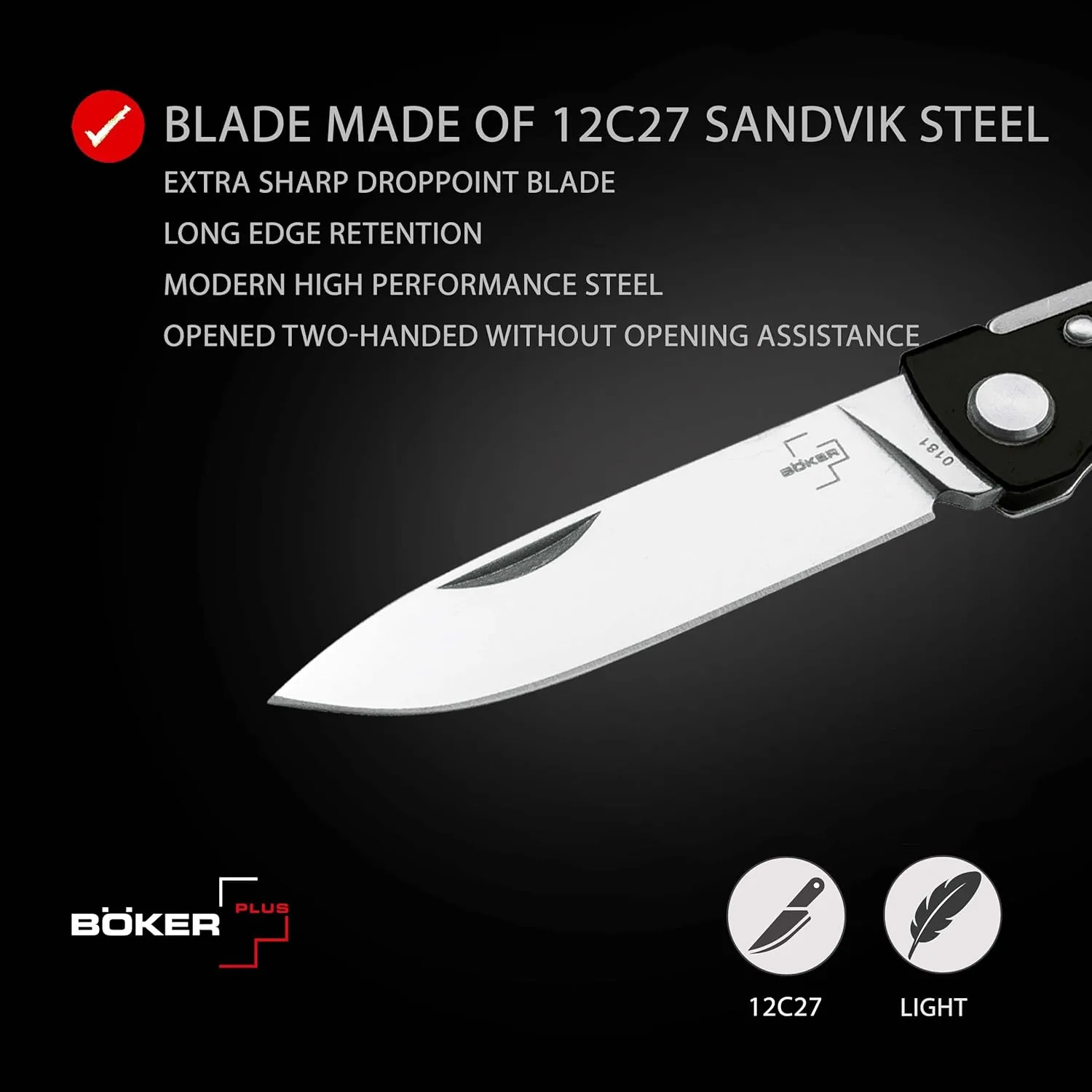 BÖKER PLUS® Atlas Black pocket knife - 2-hand full metal folding knife with sharp 12C27 Sandvik blade - EDC
