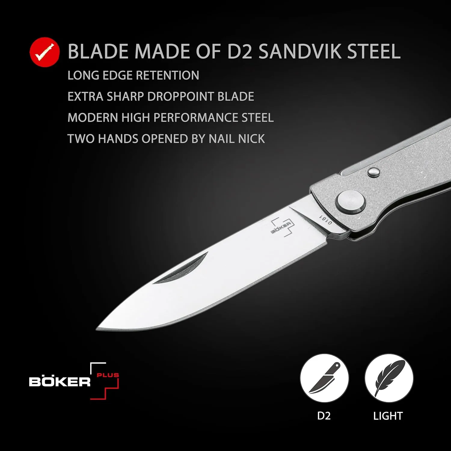 BÖKER PLUS® Atlas Backlock Clippoint - classic pocket folding knife with steel handle - D2 blade - Backlock knife in case