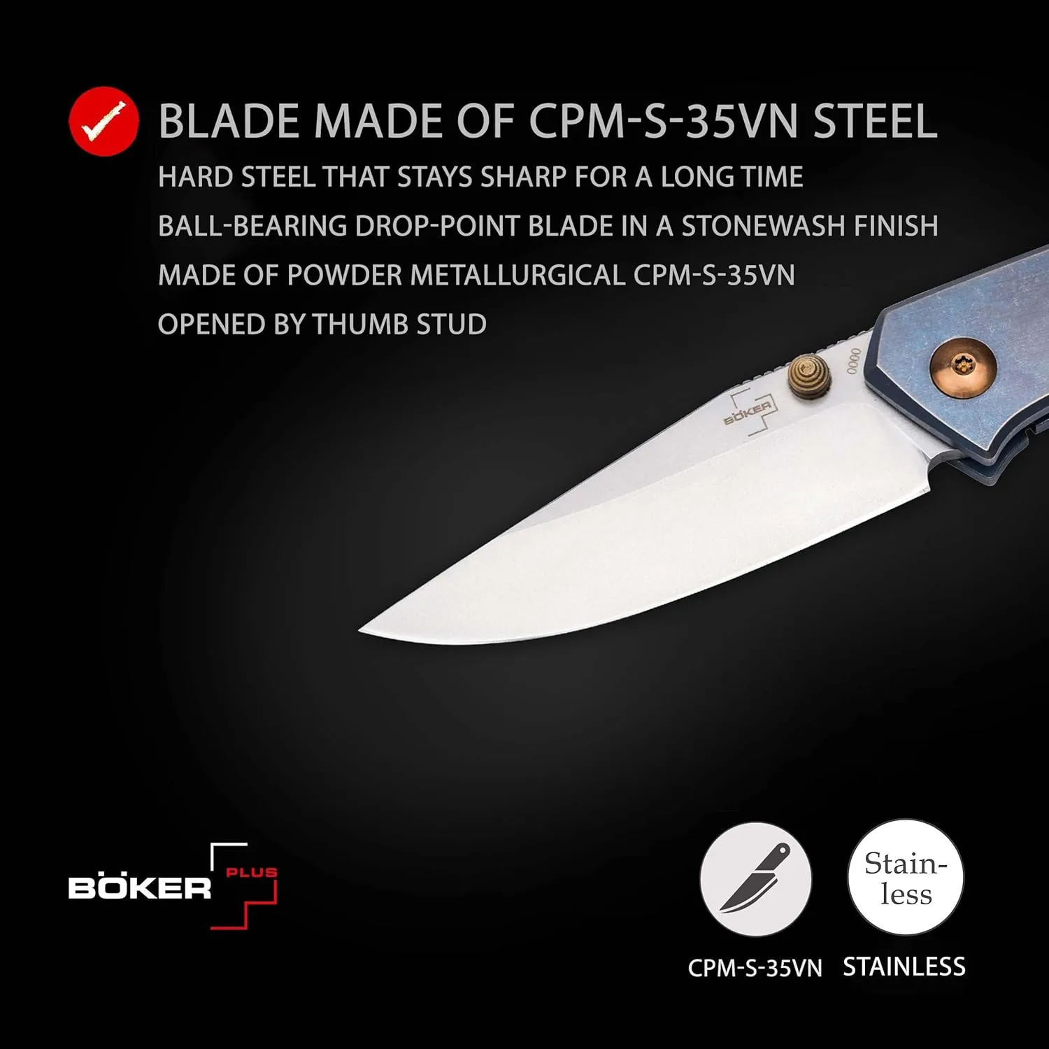 BÖKER PLUS Canoe - pocket knife with titanium handle scales - folding knife with CPM-S-35VN blade - small knife with clip