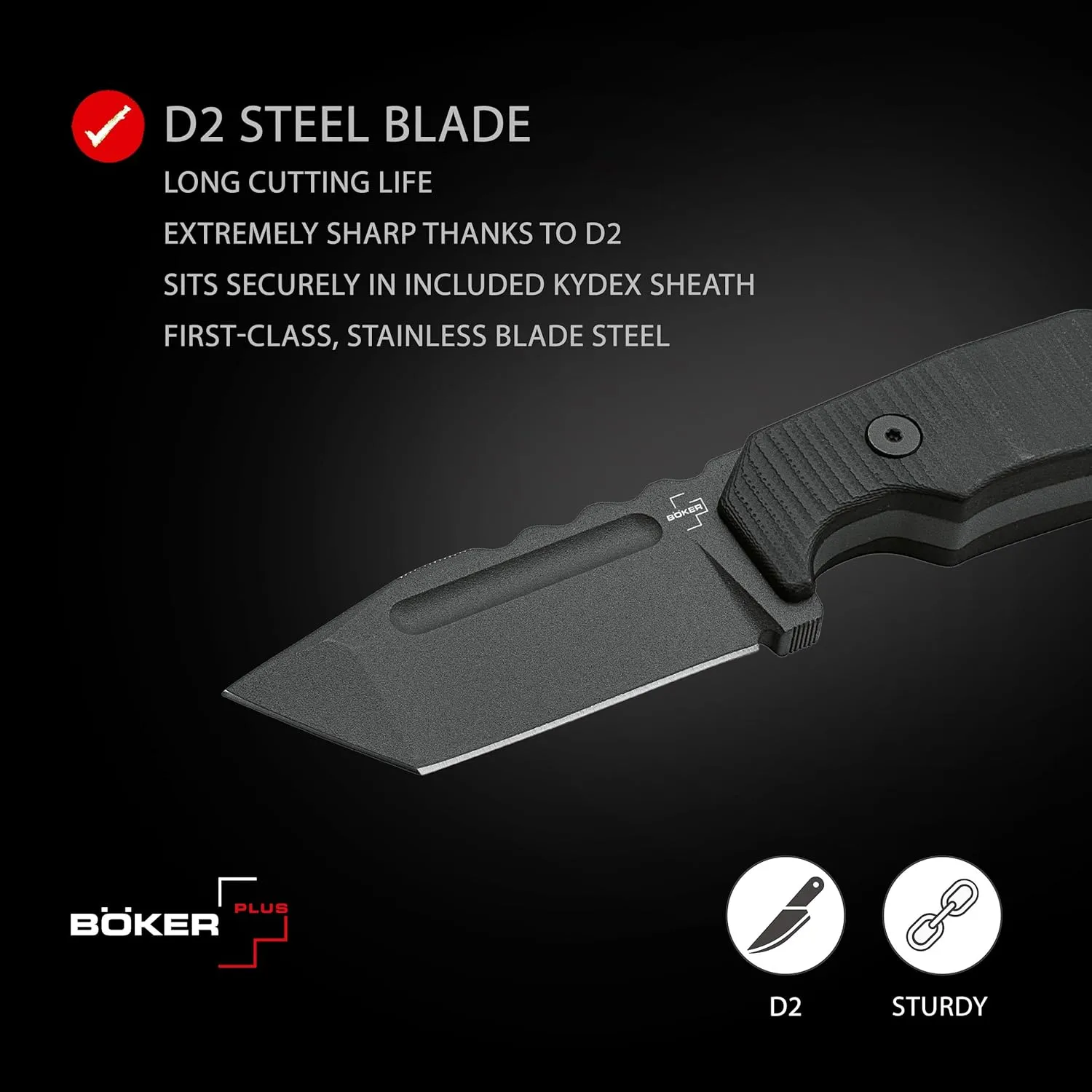 BÖKER PLUS Little Dvalin Fixed Blade EDC Knife - D2 Tanto - G10 - Kydex Sheath