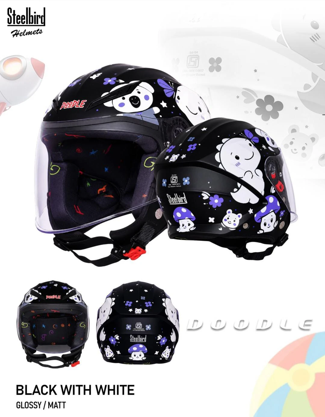 STEELBIRD SBH-77 DOODLE D-1 GLOSSY BLACK/WHITE C/V 540 MM STEELBIRD SBH-77 DOODLE D-1 GLOSSY BLACK/WHITE C/V 540 MM