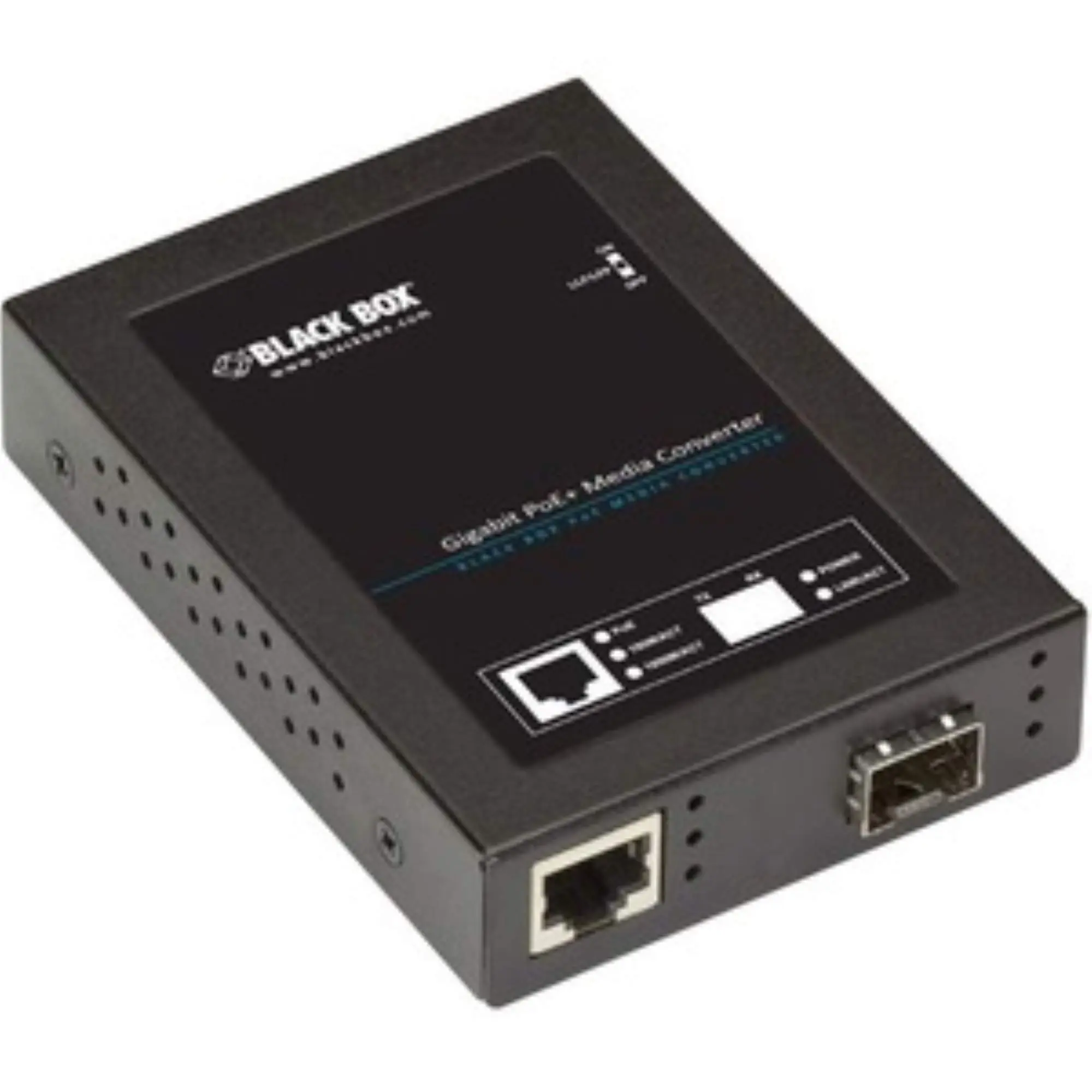 Black Box Gb ETH PoE+ MED Conv 10/100/1000-Mbps COP to 1000-Mbps FBR SFP